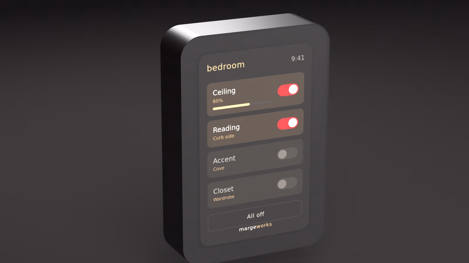 Studio render of the margeworks panel, a five-inch glass wall control