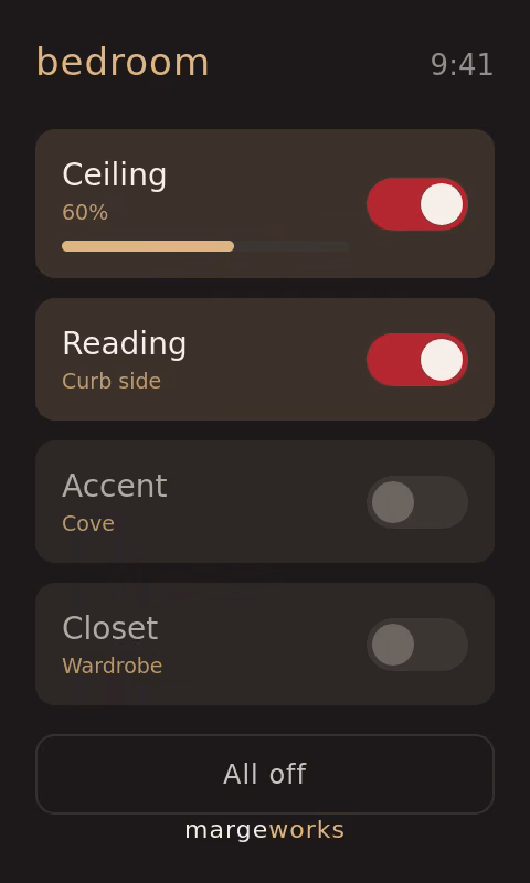 Bedroom screen: ceiling, reading, accent, and closet light switches with dimmer