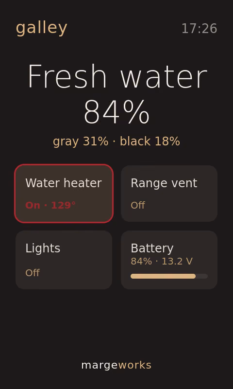Galley screen: water heater, range vent, lights, and tank levels